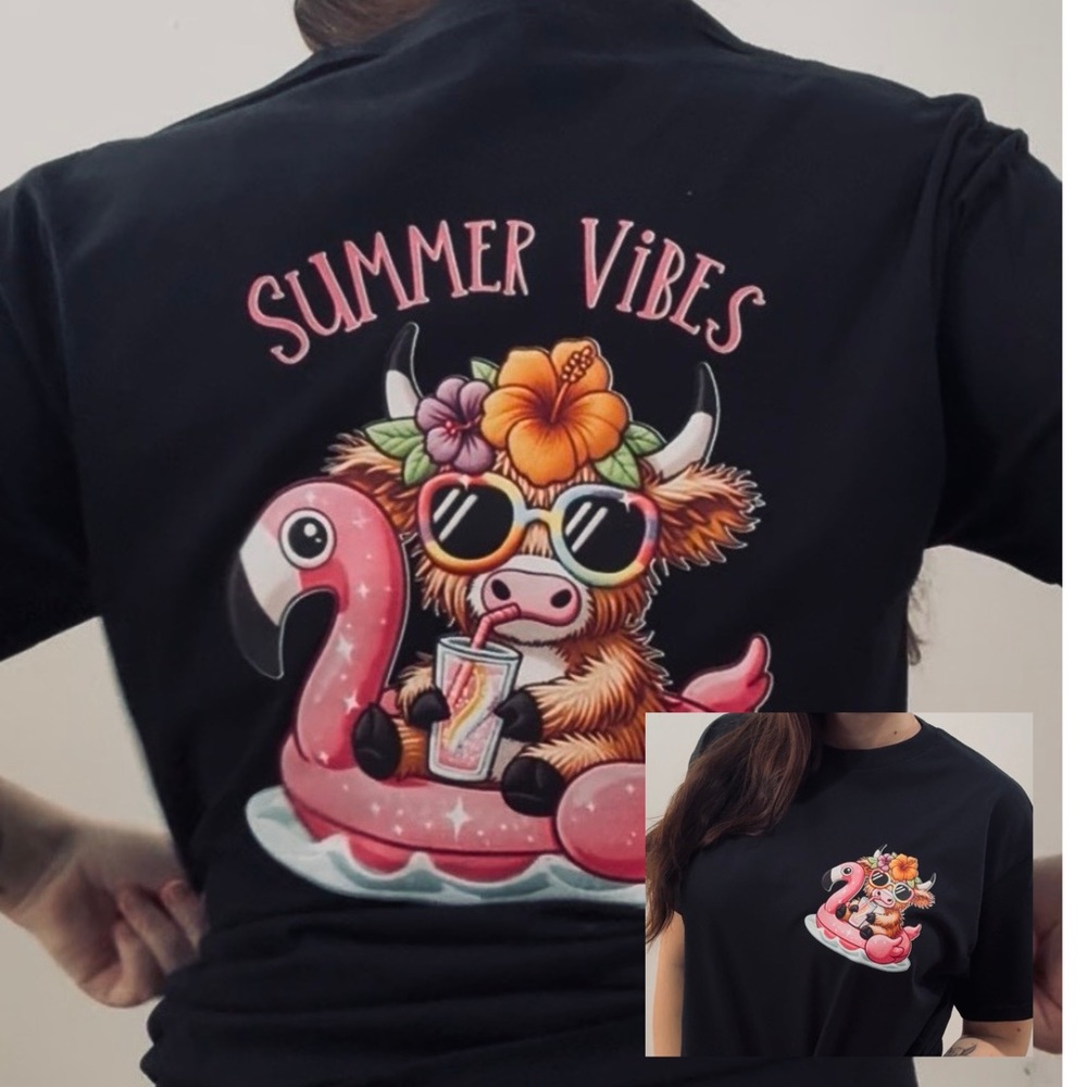 Summer Vibes Black Graphic Tee highland Cow